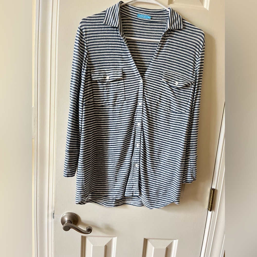 J. McLaughlin Navy and Cream Striped Shirt